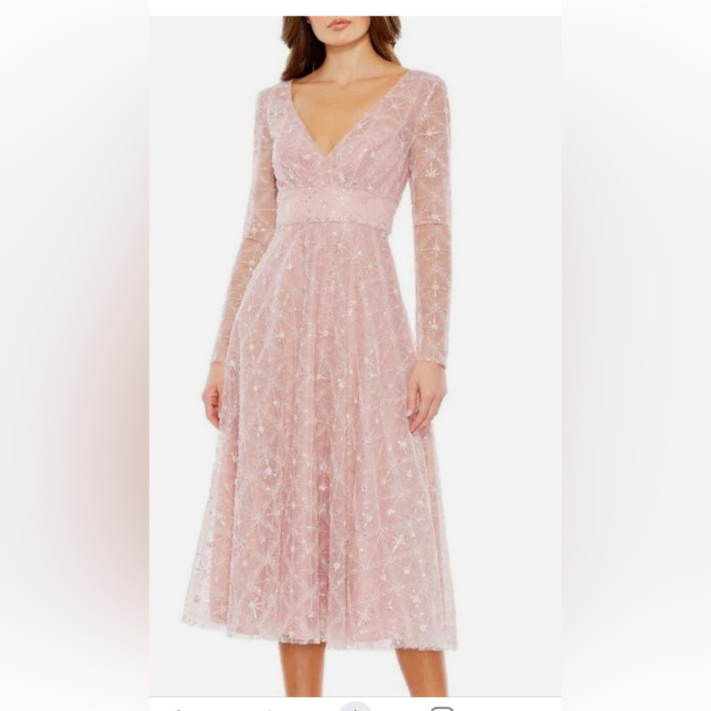 Mac Duggal Blush Pink Beaded V-Neck Long Sleeve Gown
